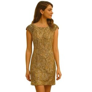 Camille La Vie Metallic Gold Lace Cap-Sleeve Mini Dress